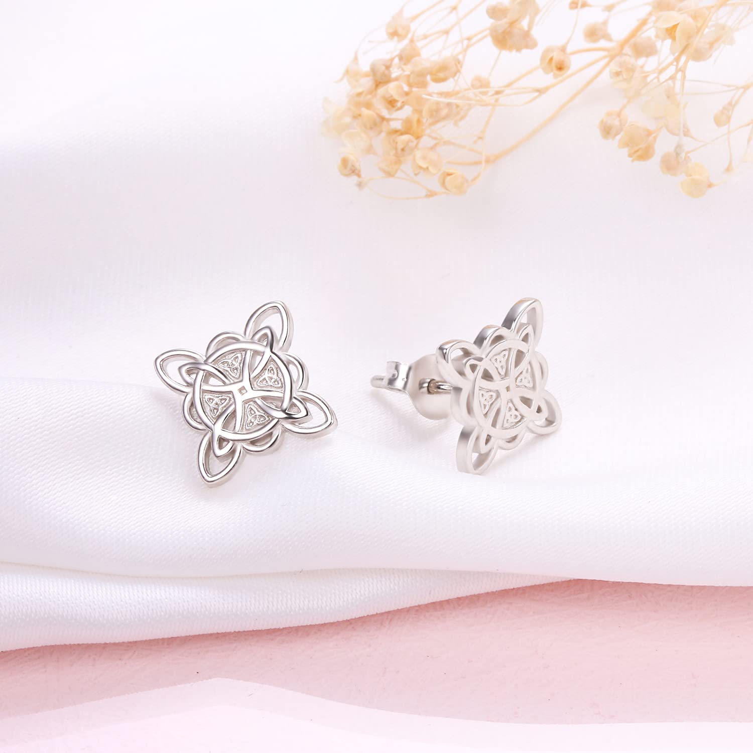 925 Sterling Silver Good Luck Irish Jewelry Celtic Triquetra Trinity Witches Knot Stud Earrings for Women Birthday Christmas Gift