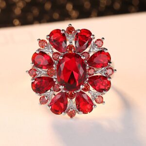 Psiroy Women's Jewelry Statement Rings 925 Sterling Silver Plated Simulated Garnet Flower Ring Size 9