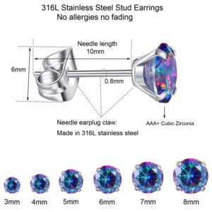 6 Pairs Stud Earrings Set, Hypoallergenic Cubic Zirconia Earrings 316L Stainless Steel CZ Earrings 3-8mm (Rainbow CZ)