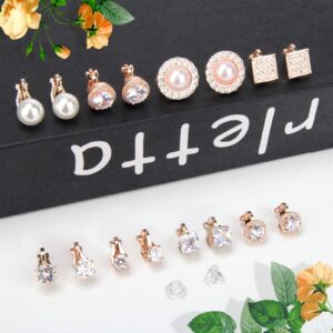 Crazypiercing 8 Pairs Clip on Earring Rose Gold Non-Pierced Earring Crystal CZ Pearl Clip on Stud Earring Non Pierced Earrings Set for Women