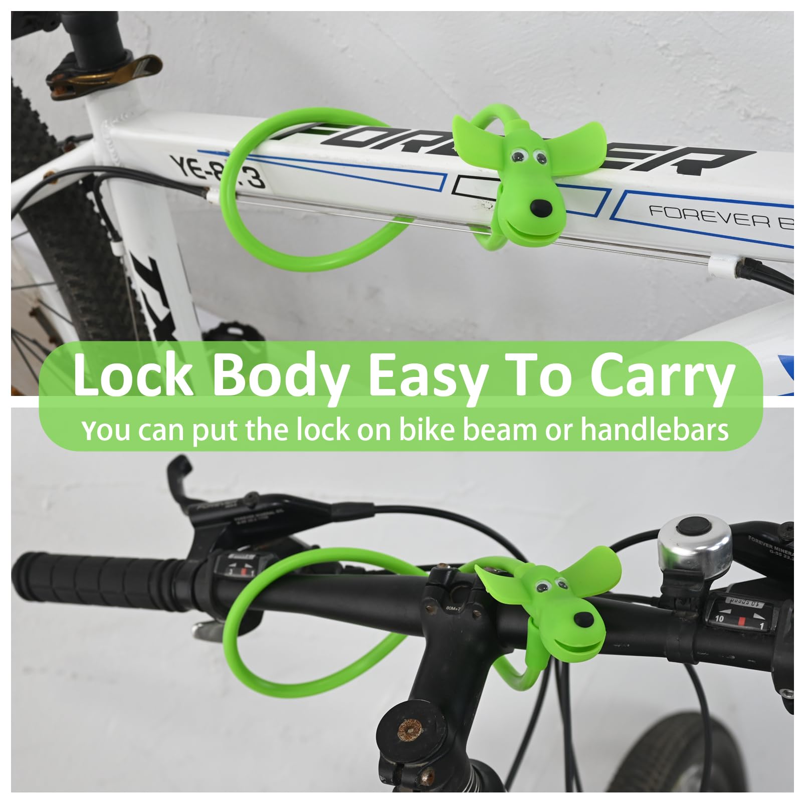 WOOQOTT Cable Lock Bike Cable Lock with Keys,Silicone Covered Bike Lock Kids Cable Lock Cartoon Lock,Lock for Bike,Door,Skateboard,Helmet and More Green