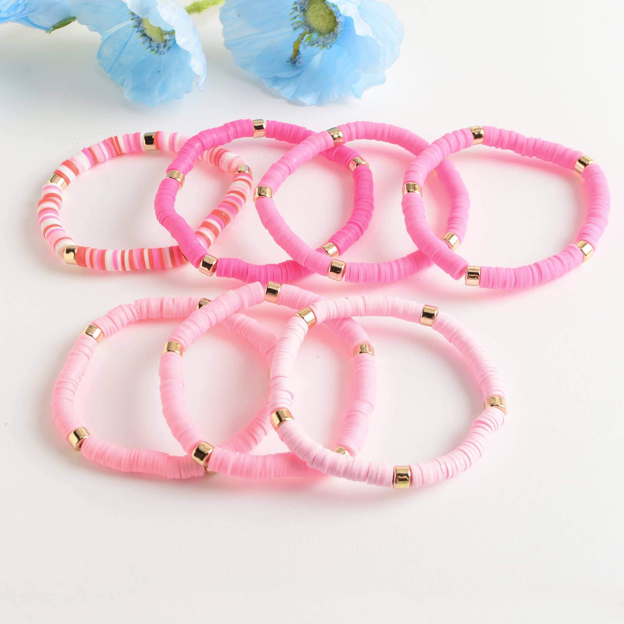 LYNMOS Colorful Heishi Clay Bead Bracelet Set for Women Stackable Vinyl Disc Polymer Beaded Stretch Bracelets Preppy Bohemian Summer Beach Bracelets Jewelry (B-Pink, 6.8 Inch)