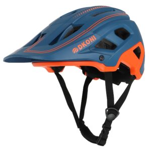 dkoni bike helmet for youth adults men women, ages 8 and up- lightweight, adjustable fit 54-61cm, removable visor & liners, 17 large air vents (medium, blue/orange)