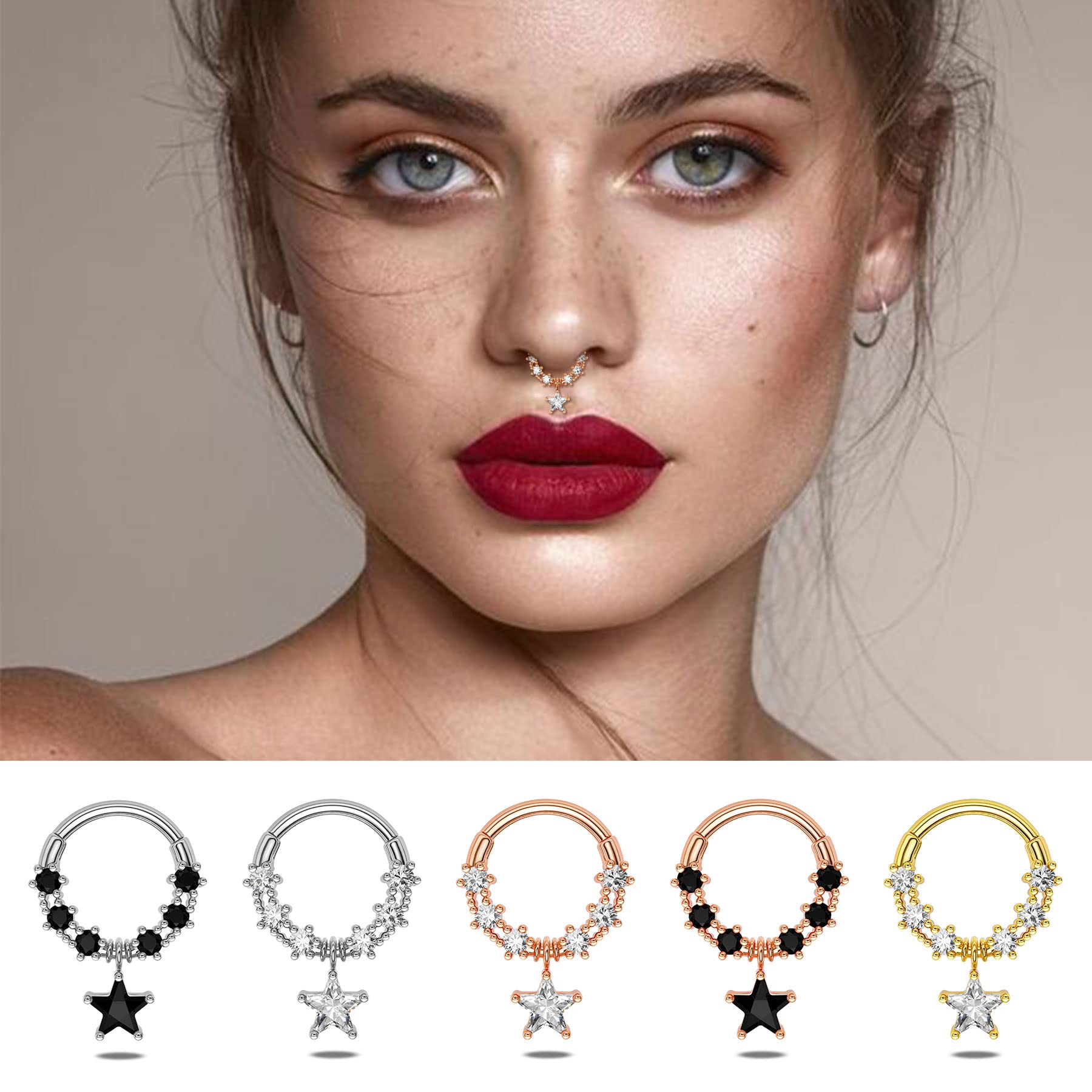 Melighting Dangle Septum Rings 16G Star Septum Jewelry Clear CZ Stainless Steel 316L Daith Piercing Jewelry for Women Helix Earring