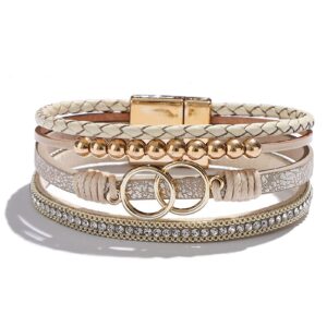 Long tiantian Boho Leather Wrap Bracelet for Women Infinity Beaded Bracelets with Clasp Stackable Leather Cuff Bangle Bracelet(gold)