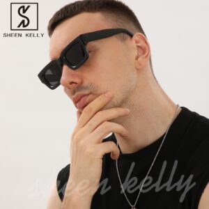 SHEEN KELLY Retro Thick Rectangular Sunglasses For Men Women Trendy Chunky Square Frame Tinted Lens Fashion Cute Eyewear