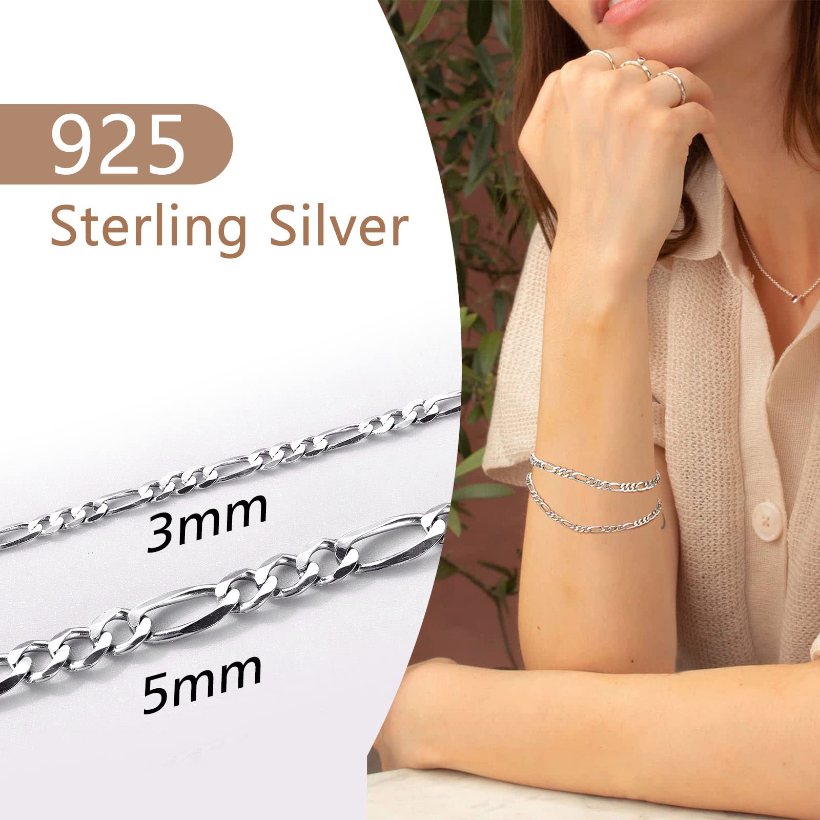 Silver Bracelets for Women Thin Simple Figaro Link Chain Bracelets 925 Sterling Silver 3MM Layering Wrist Chain Everyday Jewelry