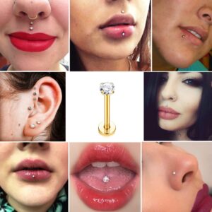 FIBO STEEL 18 Pcs 16G Forward Labret Helix Earrings Lip Nose Studs for Women Stainless Steel Tragus Medusa Conch Piercing Lip Jewelry Monroe Piercings Jewelry 6mm Gold-Tone