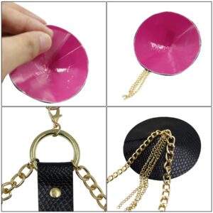 Caviotess PU Leather Metal Chain Tassel Nipple Cover with Choker, Sexy Reusable Round Pasties Bondage Body Chain Harness Black