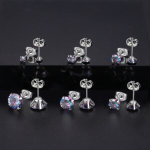 6 Pairs Stud Earrings Set, Hypoallergenic Cubic Zirconia Earrings 316L Stainless Steel CZ Earrings 3-8mm (Rainbow CZ)