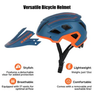 DKONI Bike Helmet for Youth Adults Men Women, Ages 8 and Up- Lightweight, Adjustable Fit 54-61cm, Removable Visor & Liners, 17 Large Air Vents (Medium, Blue/Orange)