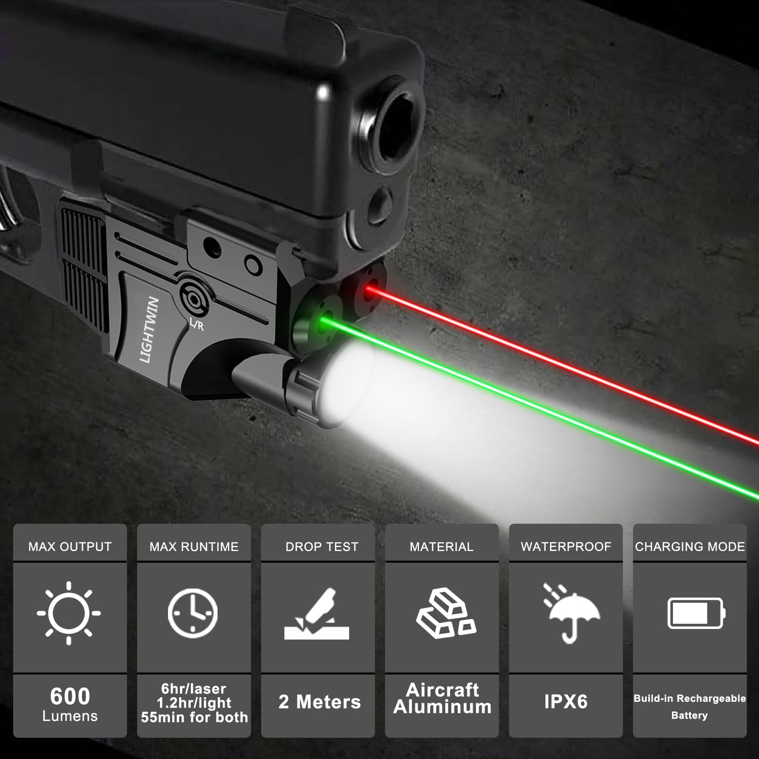 LIGHTWIN Red Green Laser Beams with 600 Lumens Flashlight for Pistols, 3 in1 Laser Light Combo, Tactical Laser Flashlight USB Rechargeable Laser Sight, Strobe & Steady Flashlight for Picatinny Rail