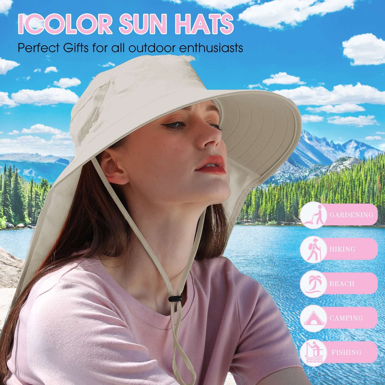 icolor Women Sun Hat UPF 50+ Wide Brim Sunscreen Visor Sun Protection Cap w/12 Neck Flap Sun Shade Hat for Girl Lady Khaki