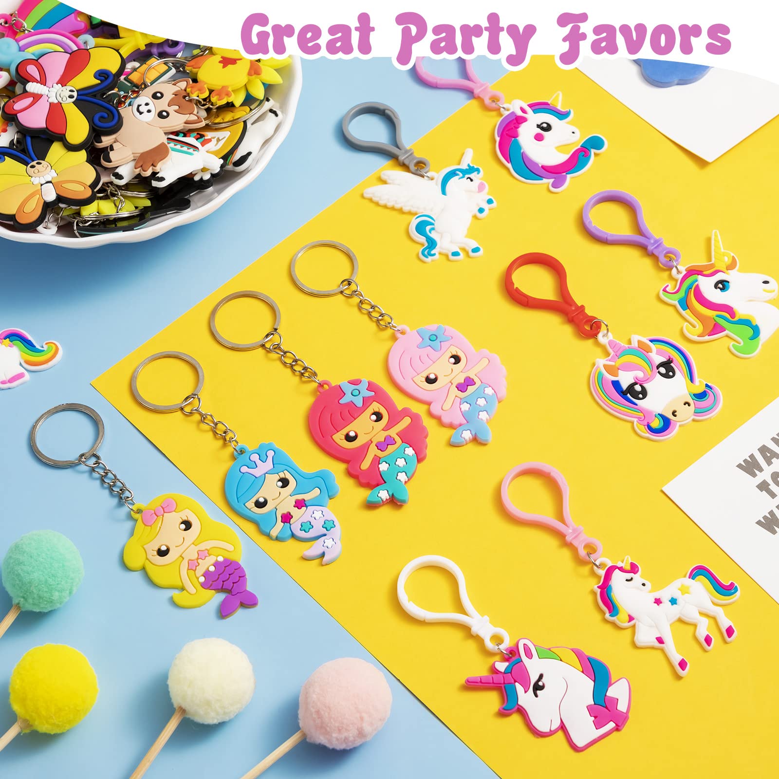 Highergo 120 Pieces Cute Keychain bulk keychains, Party Favors Keychains for Kids, Halloween Birthday Christmas Party Supplies for Kids Adults Gift Dinosaur Unicorn Astronaut Animal Rainbow