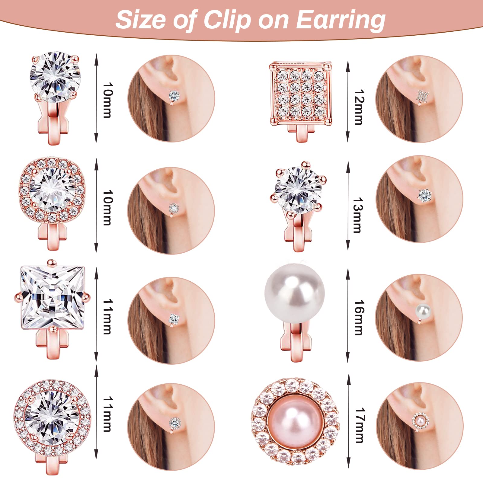 Crazypiercing 8 Pairs Clip on Earring Rose Gold Non-Pierced Earring Crystal CZ Pearl Clip on Stud Earring Non Pierced Earrings Set for Women