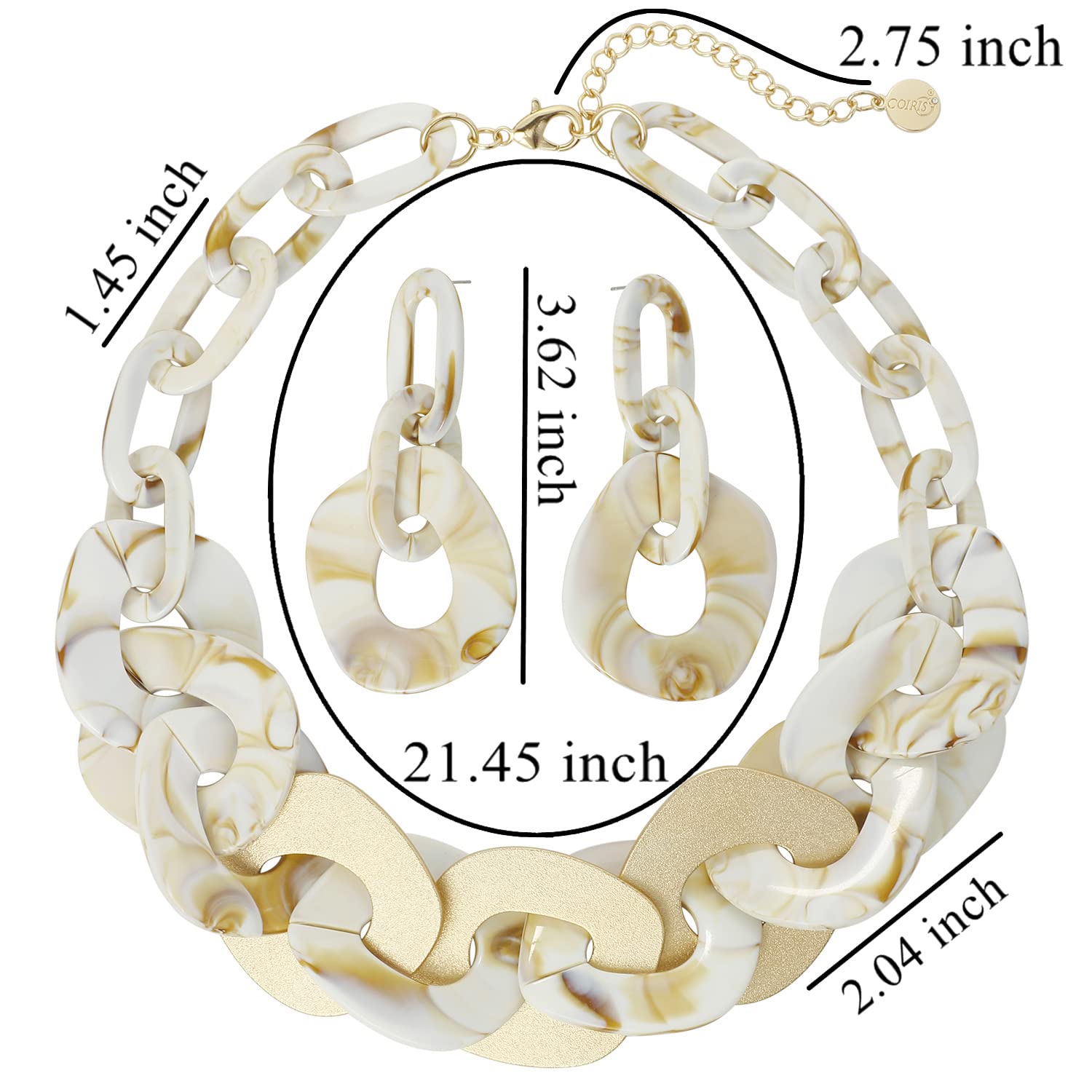 Coiris Statement Chunky Necklace Metal Punk Acrylic Cuban Link Chain Necklaces Bohemian Tortoise Shell Acrylic Resin Chain Link(N0090-Beige)