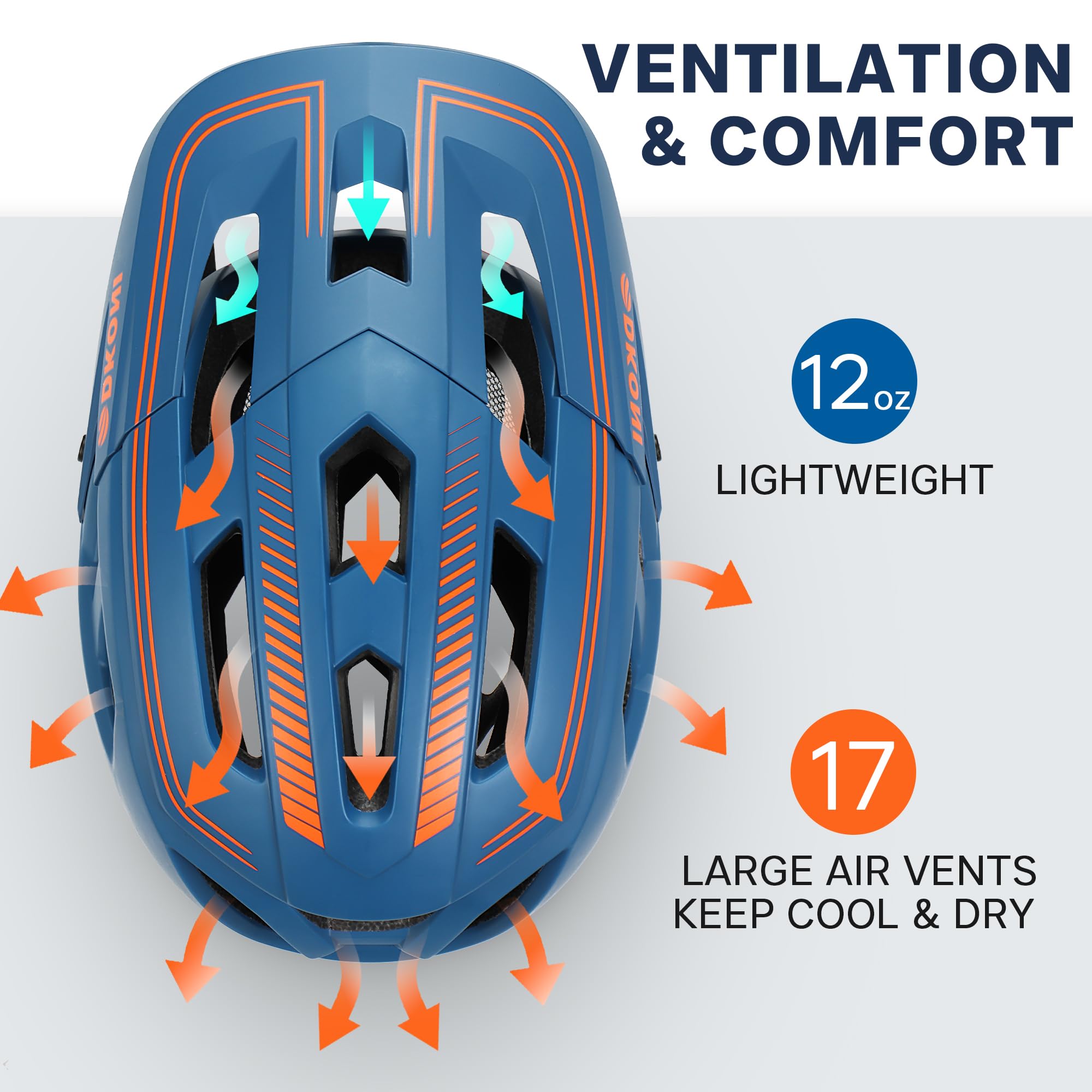 DKONI Bike Helmet for Youth Adults Men Women, Ages 8 and Up- Lightweight, Adjustable Fit 54-61cm, Removable Visor & Liners, 17 Large Air Vents (Medium, Blue/Orange)