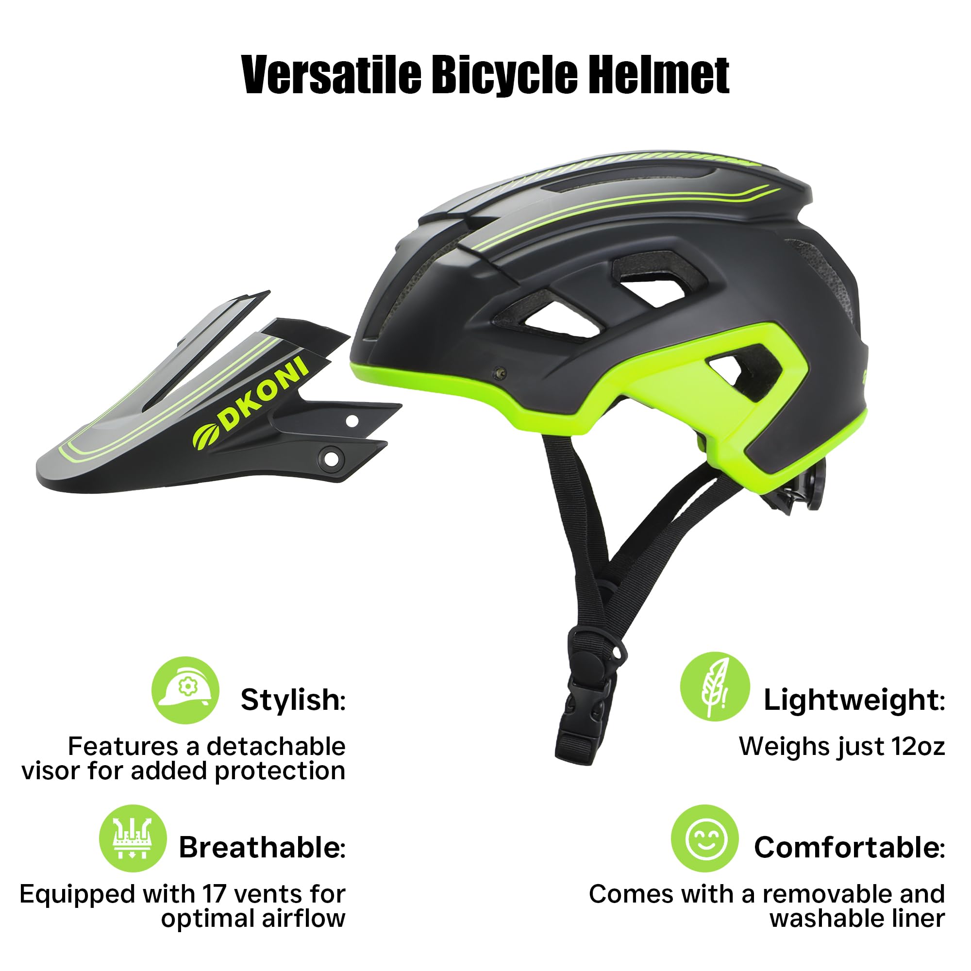 DKONI Bike Helmet for Youth Adults Men Women, Ages 8 and Up- Lightweight, Adjustable Fit 54-61cm, Removable Visor & Liners, 17 Large Air Vents (Medium, Black/Yellow)