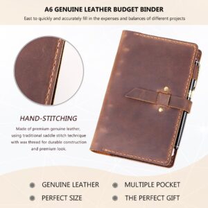 Leather Binder Budget with Cash Envelopes, Handmade Leather A6 Binder for Money Saving Planner, Cash Envelopes for Budgeting, Money Organizer for Cash - Brown