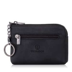 trusador milano unisex leather front pocket wallet coin purse zipper pouch with keychain (black)