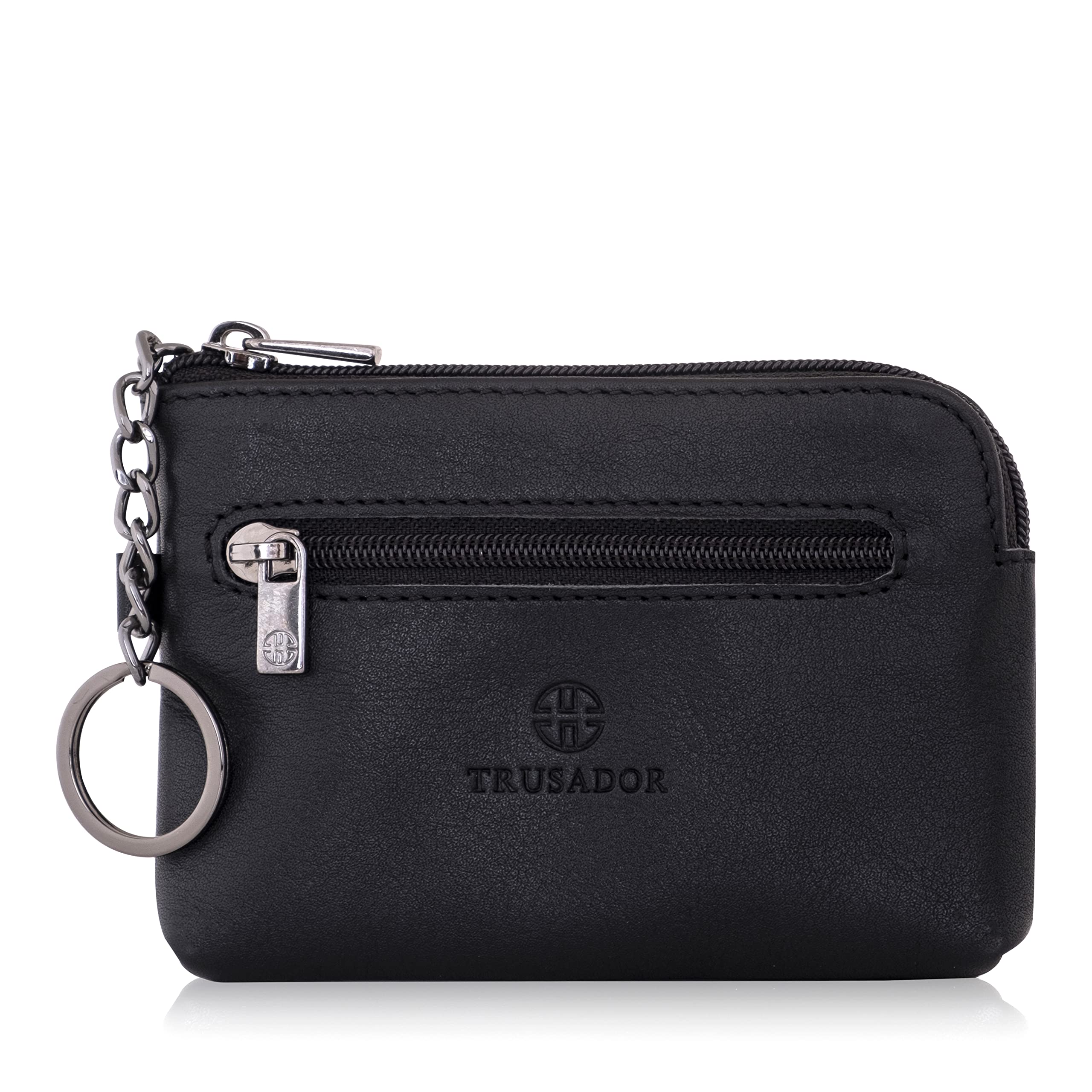 Trusador Milano Unisex Leather Front Pocket Wallet Coin Purse Zipper Pouch with Keychain (Black)