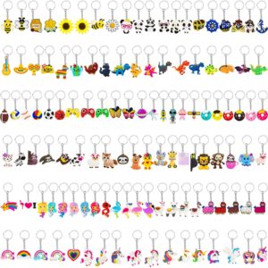 highergo 120 pieces cute keychain bulk keychains, party favors keychains for kids, halloween birthday christmas party supplies for kids adults gift dinosaur unicorn astronaut animal rainbow