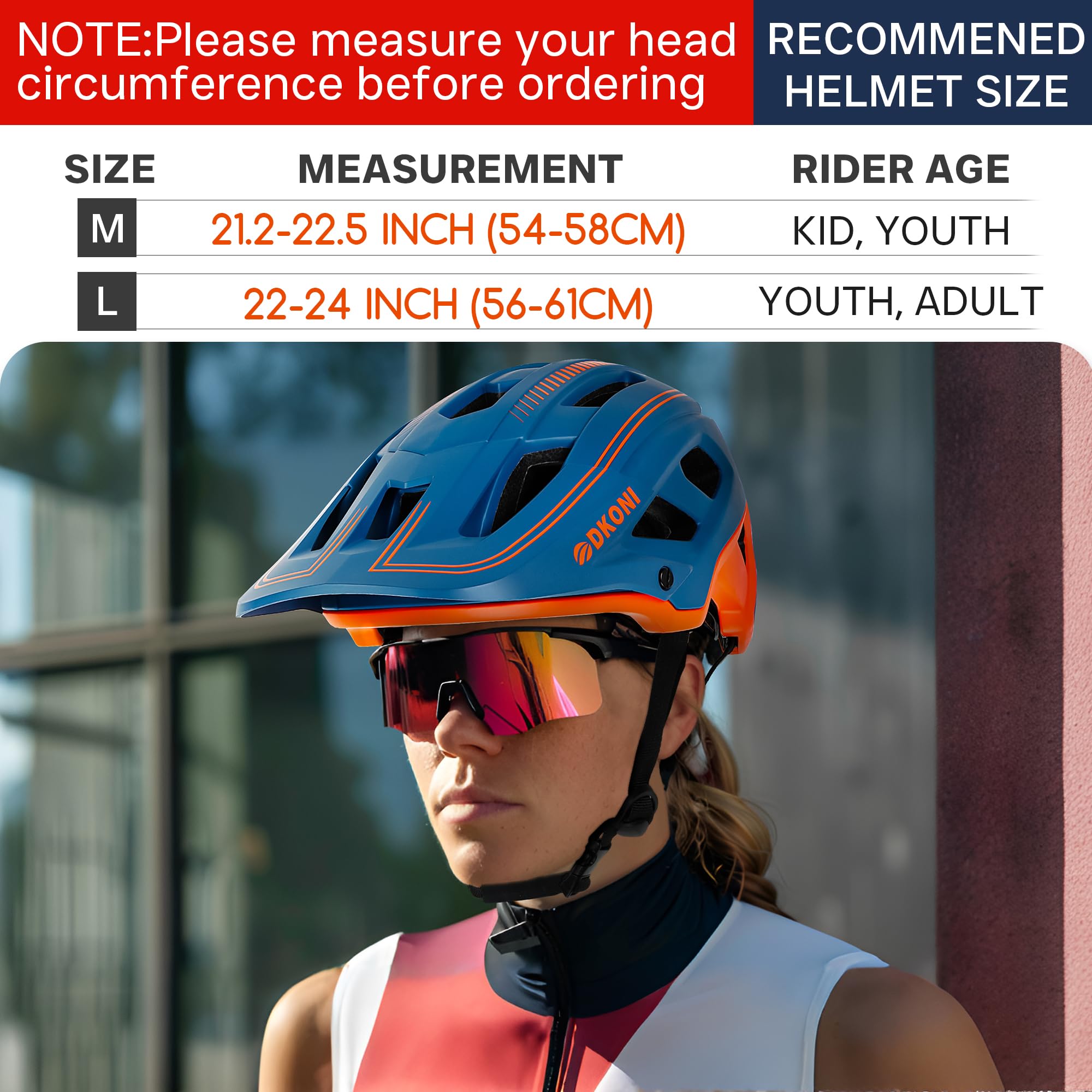 DKONI Bike Helmet for Youth Adults Men Women, Ages 8 and Up- Lightweight, Adjustable Fit 54-61cm, Removable Visor & Liners, 17 Large Air Vents (Medium, Blue/Orange)