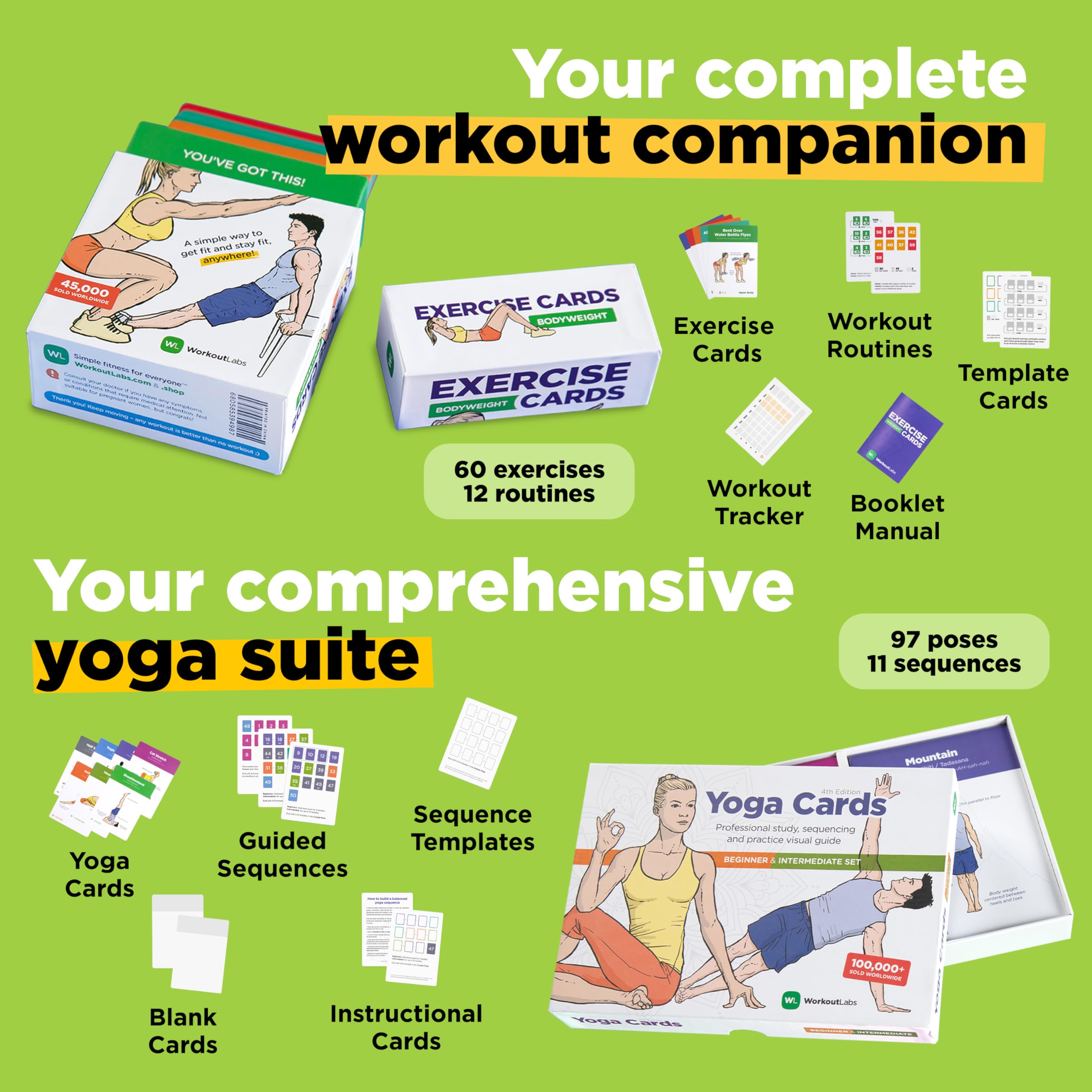 WorkoutLabs Exercise & Yoga Cards I & II Set Total Fitness Bundle for Home No-Equipment Workouts and Yoga · Premium Plastic Flashcard Decks