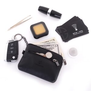 Trusador Milano Unisex Leather Front Pocket Wallet Coin Purse Zipper Pouch with Keychain (Black)