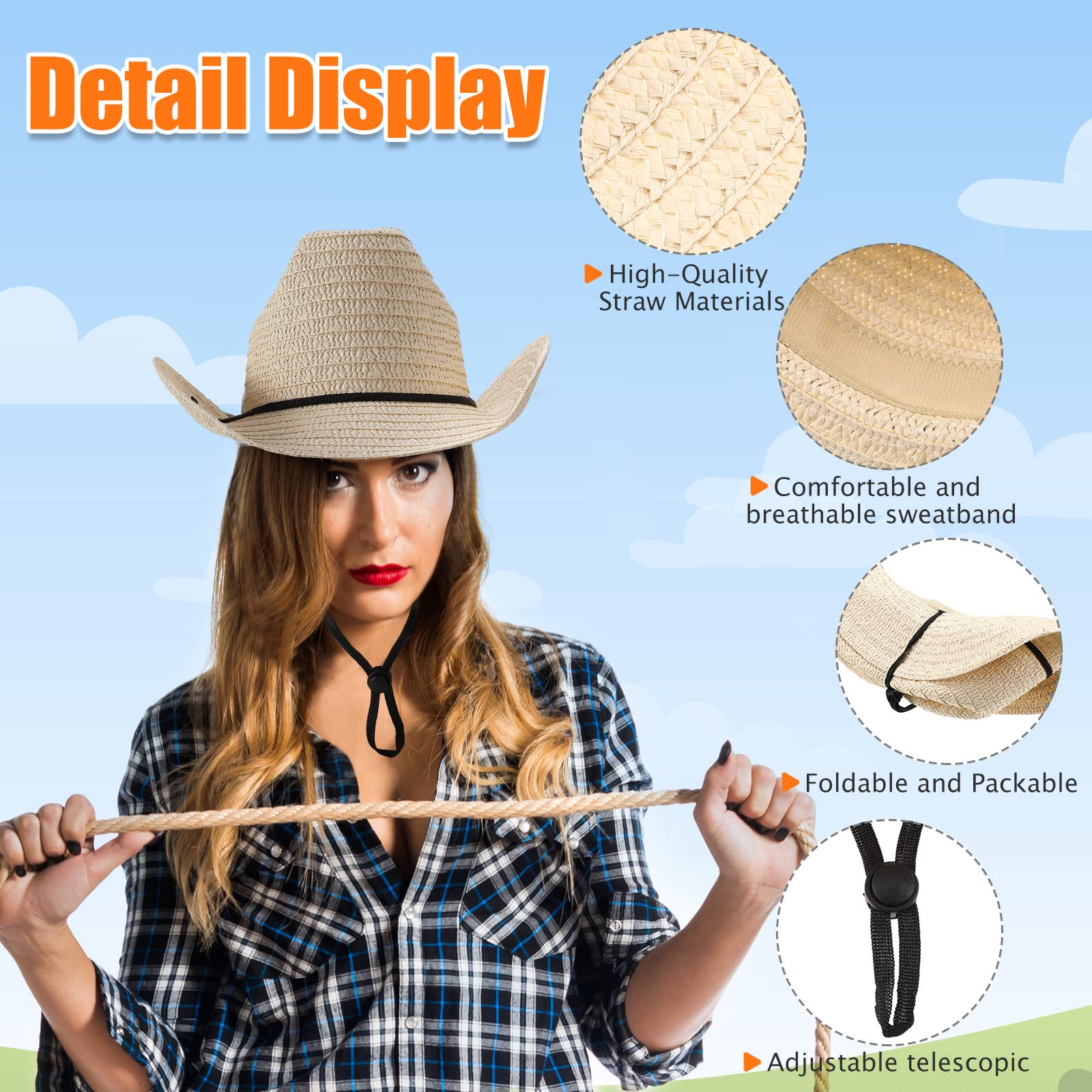 Coume 24 Sets Straw Cowboy Hats and Bandanas - Western Theme Party Costumes and Accessories Bulk Pack for Adults and Men