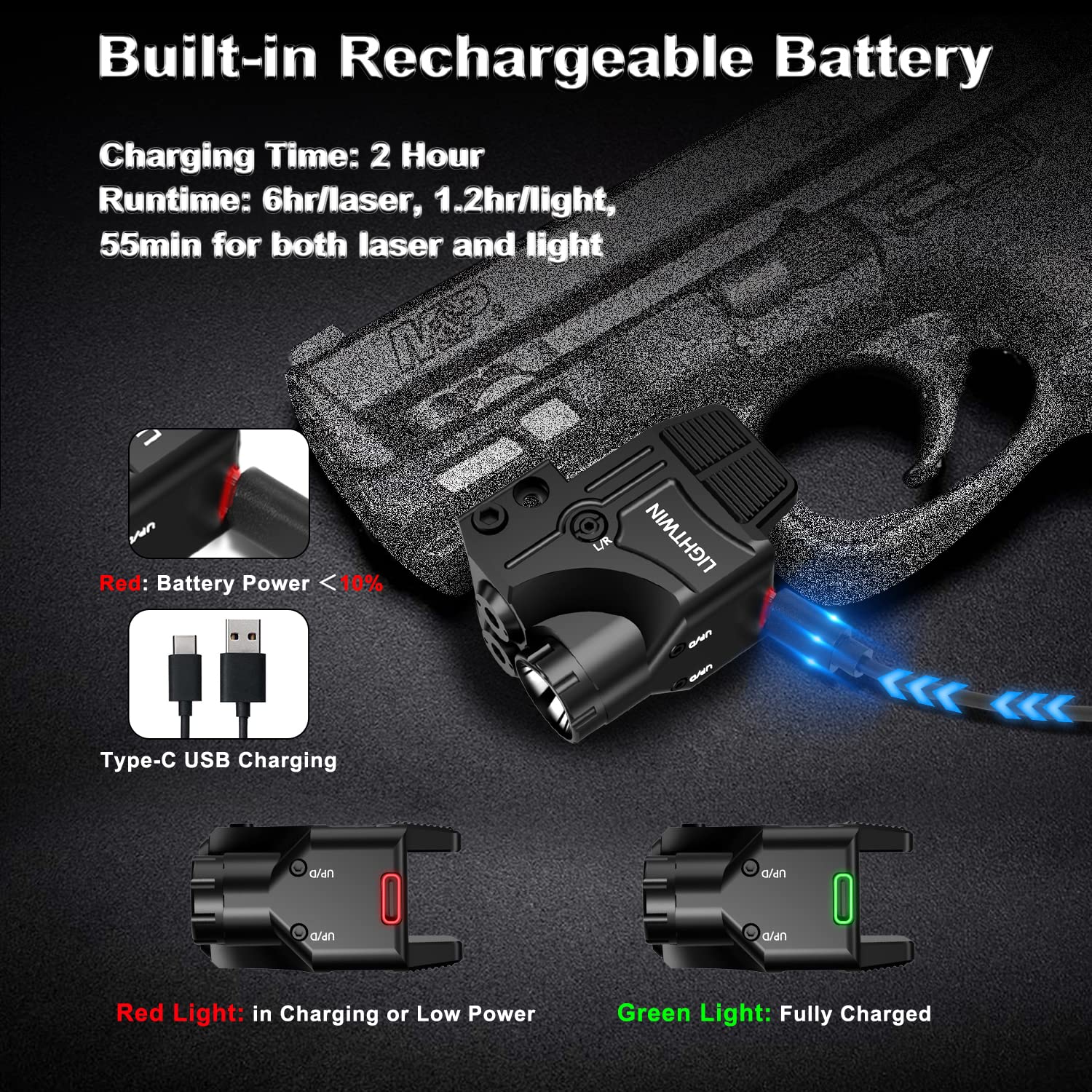 LIGHTWIN Red Green Laser Beams with 600 Lumens Flashlight for Pistols, 3 in1 Laser Light Combo, Tactical Laser Flashlight USB Rechargeable Laser Sight, Strobe & Steady Flashlight for Picatinny Rail