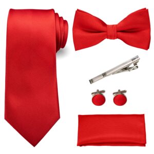 RBOCOTT Red Tie and Bow Tie Pocket Square with Cufflinks and Tie Clip Sets for Men(15)