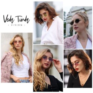 Veda Tinda Vision Green Womens Oval Sunglasses with Chain Polarized 90s Rave Sunglasses Retro Festival Sunglasses UV Protection