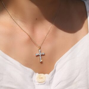 Meow Star Cross Necklace for Women Gold Plated Cross Pendant Necklace Cross Layered Necklace Minimalist Simple God Lords Prayer Religious Jewelry Gift