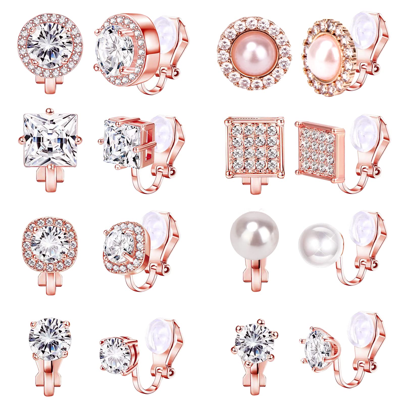 Crazypiercing 8 Pairs Clip on Earring Rose Gold Non-Pierced Earring Crystal CZ Pearl Clip on Stud Earring Non Pierced Earrings Set for Women