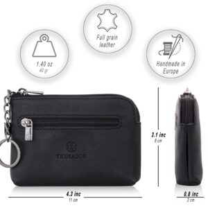 Trusador Milano Unisex Leather Front Pocket Wallet Coin Purse Zipper Pouch with Keychain (Black)