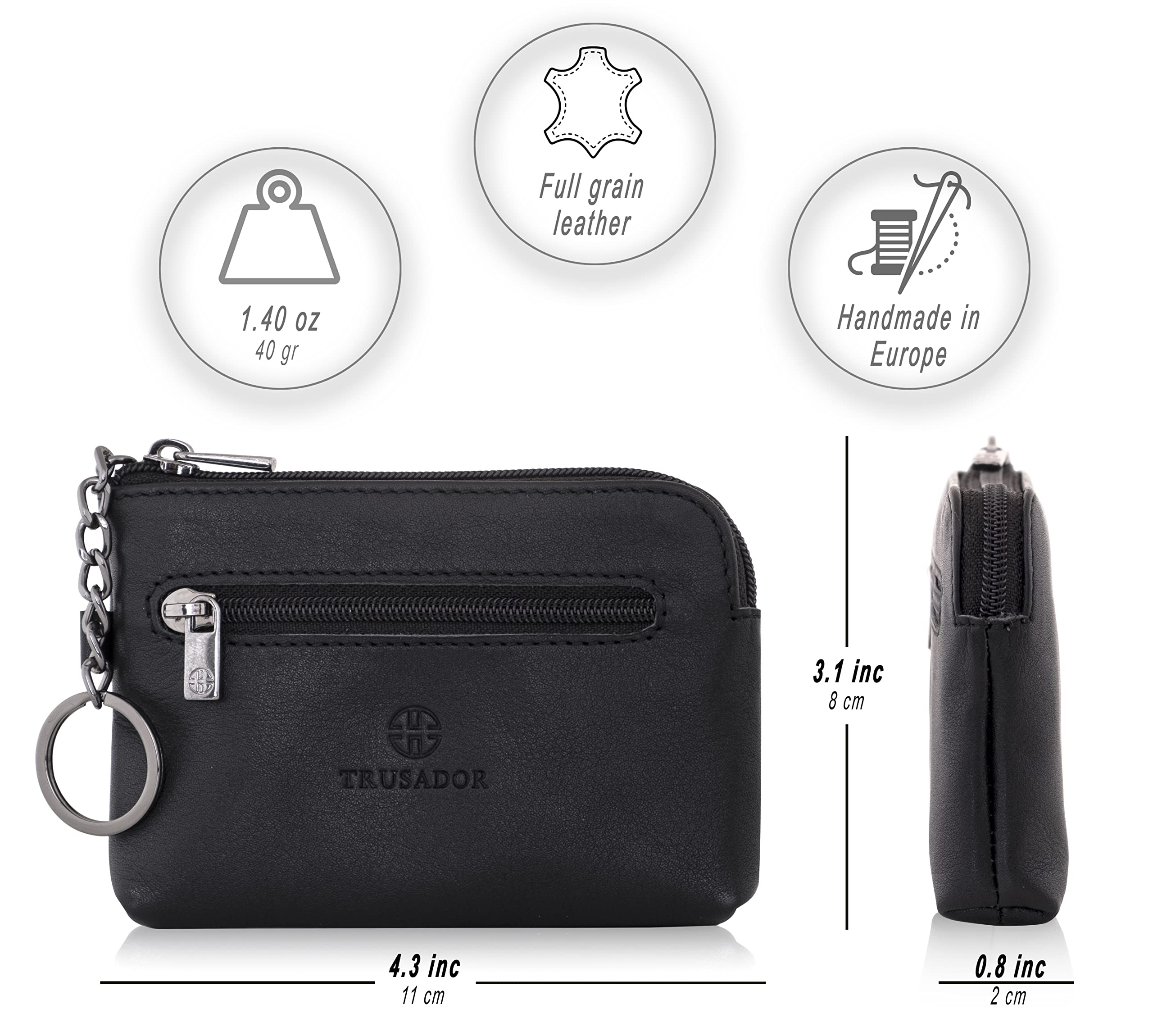 Trusador Milano Unisex Leather Front Pocket Wallet Coin Purse Zipper Pouch with Keychain (Black)