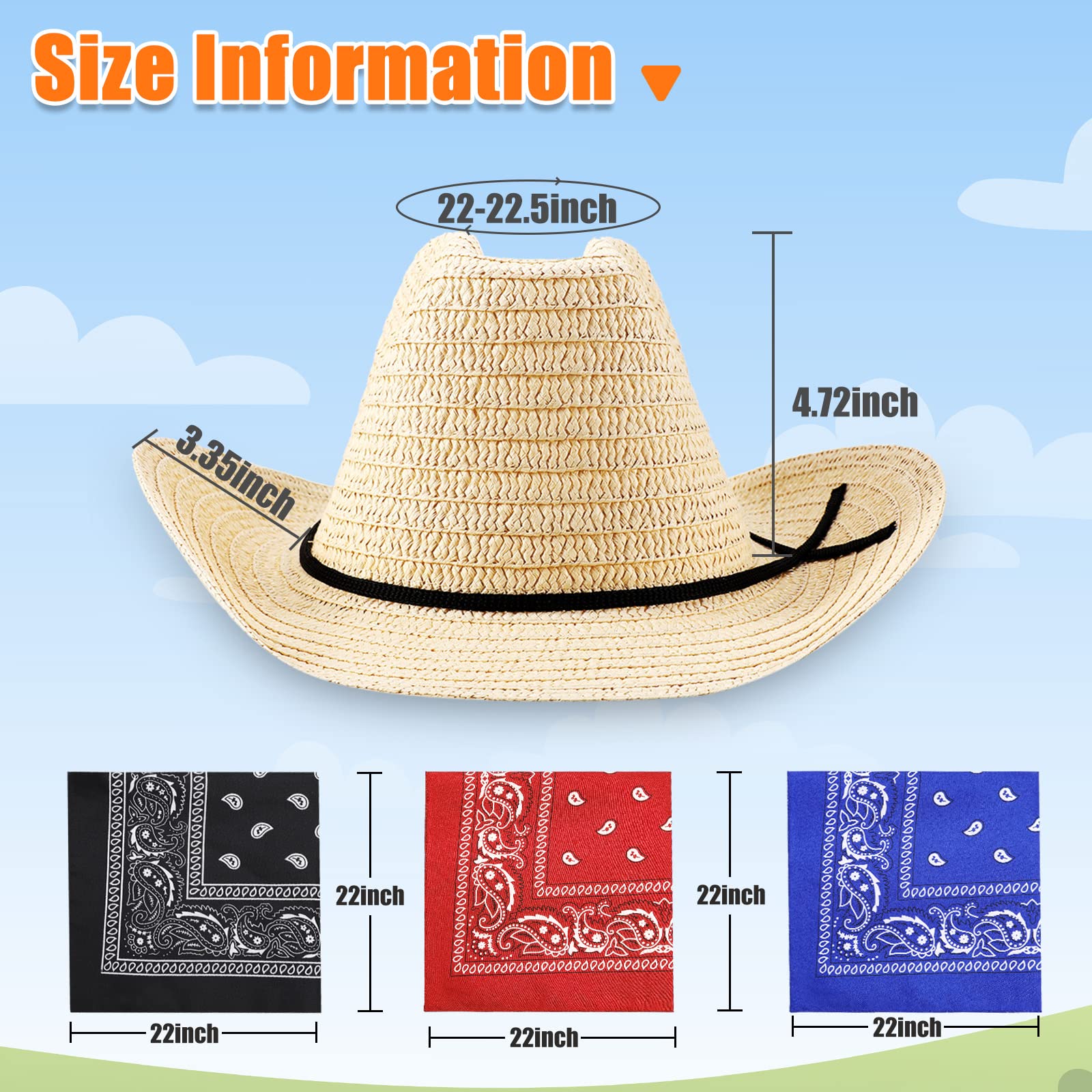 Coume 24 Sets Straw Cowboy Hats and Bandanas - Western Theme Party Costumes and Accessories Bulk Pack for Adults and Men