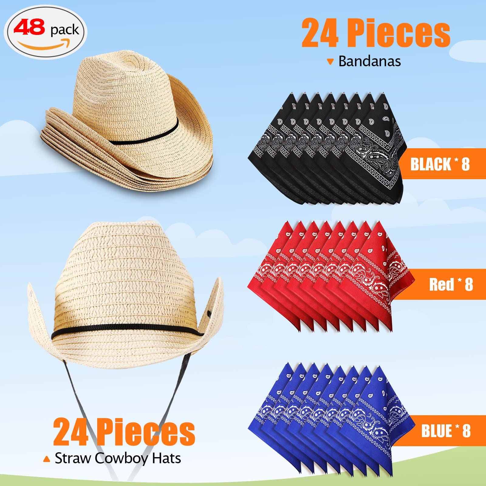 Coume 24 Sets Straw Cowboy Hats and Bandanas - Western Theme Party Costumes and Accessories Bulk Pack for Adults and Men