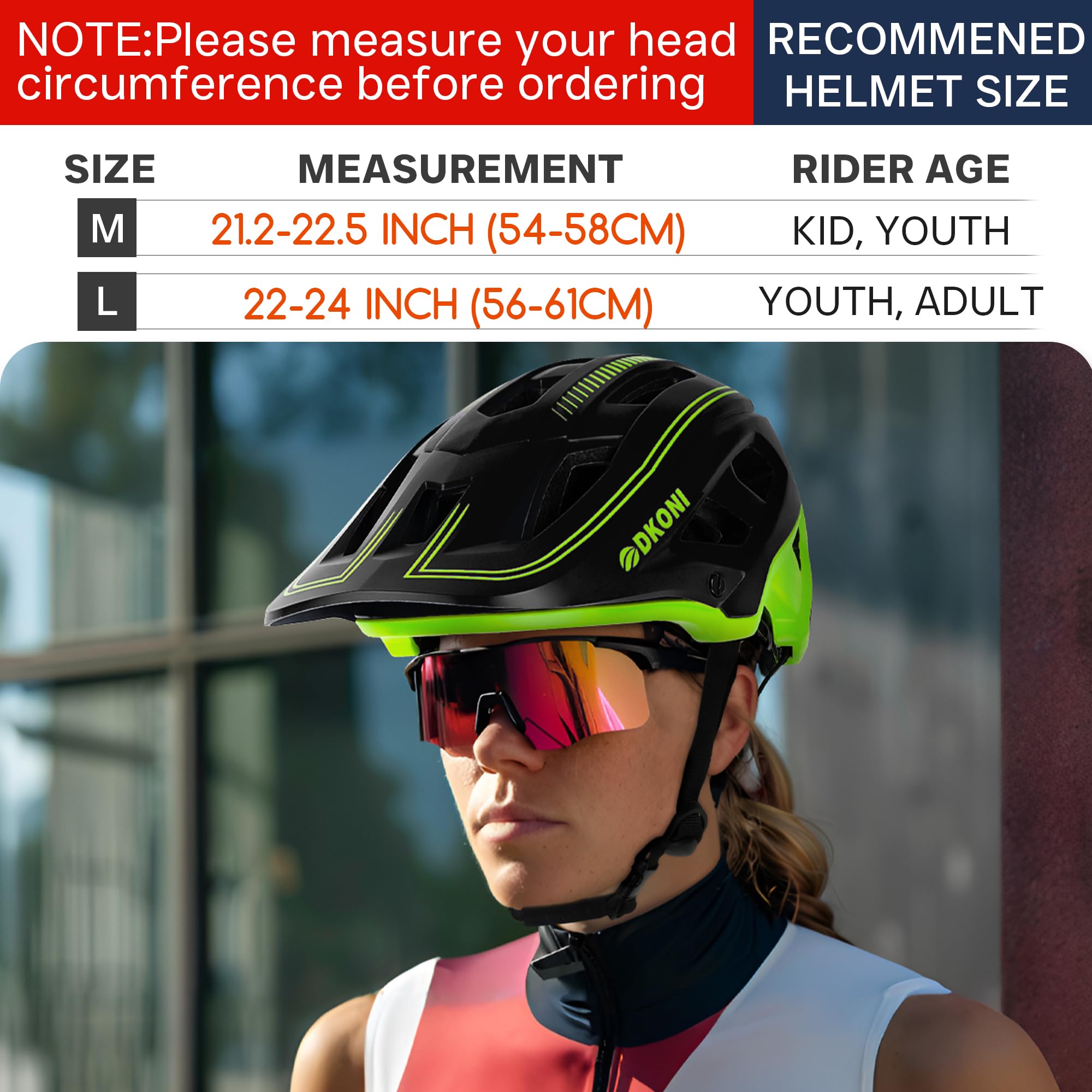 DKONI Bike Helmet for Youth Adults Men Women, Ages 8 and Up- Lightweight, Adjustable Fit 54-61cm, Removable Visor & Liners, 17 Large Air Vents (Medium, Black/Yellow)