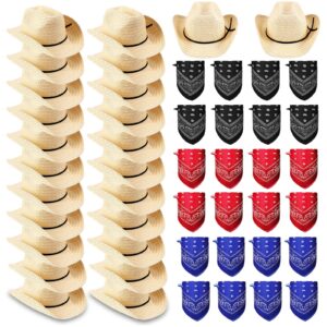 coume 24 sets straw cowboy hats and bandanas - western theme party costumes and accessories bulk pack for adults and men