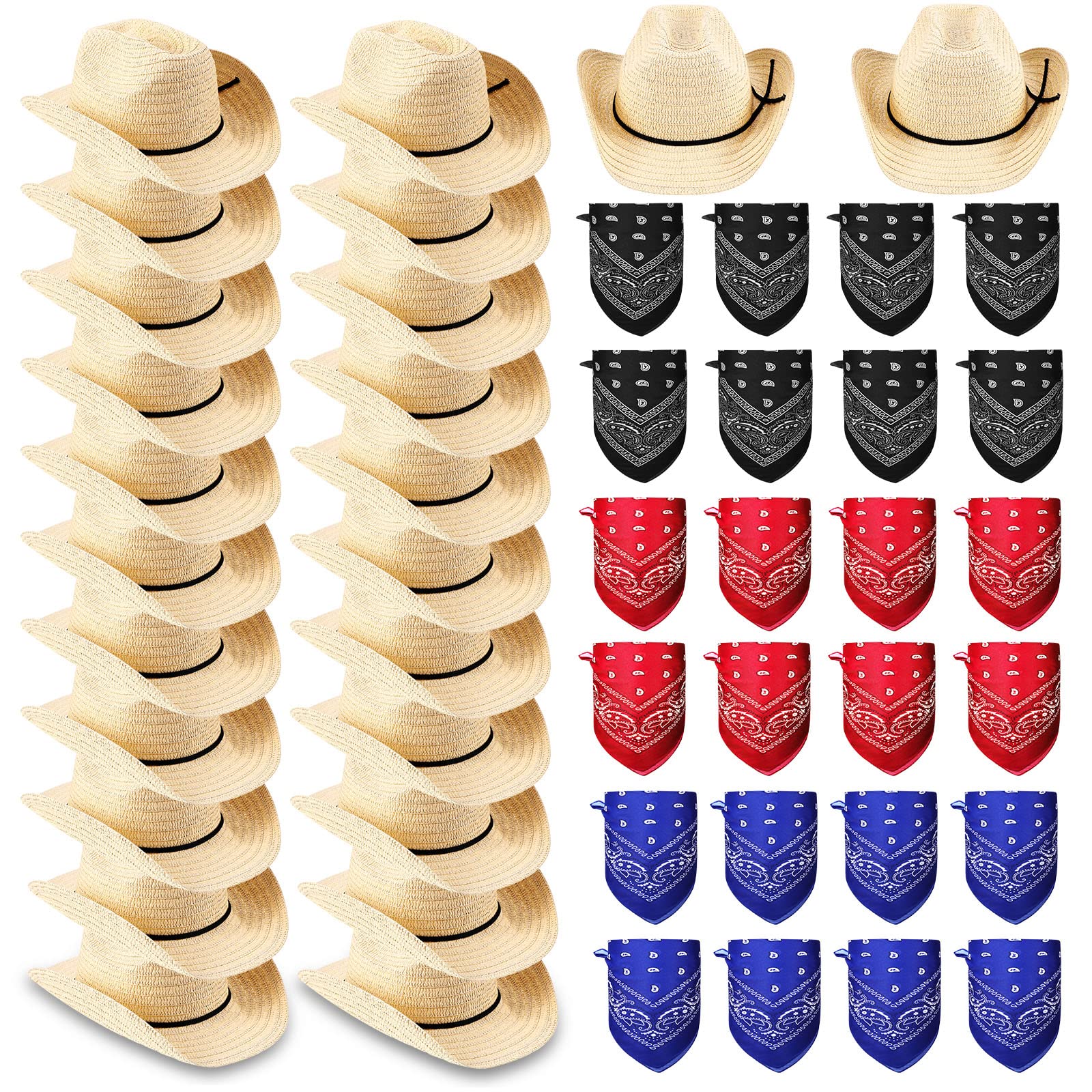 Coume 24 Sets Straw Cowboy Hats and Bandanas - Western Theme Party Costumes and Accessories Bulk Pack for Adults and Men