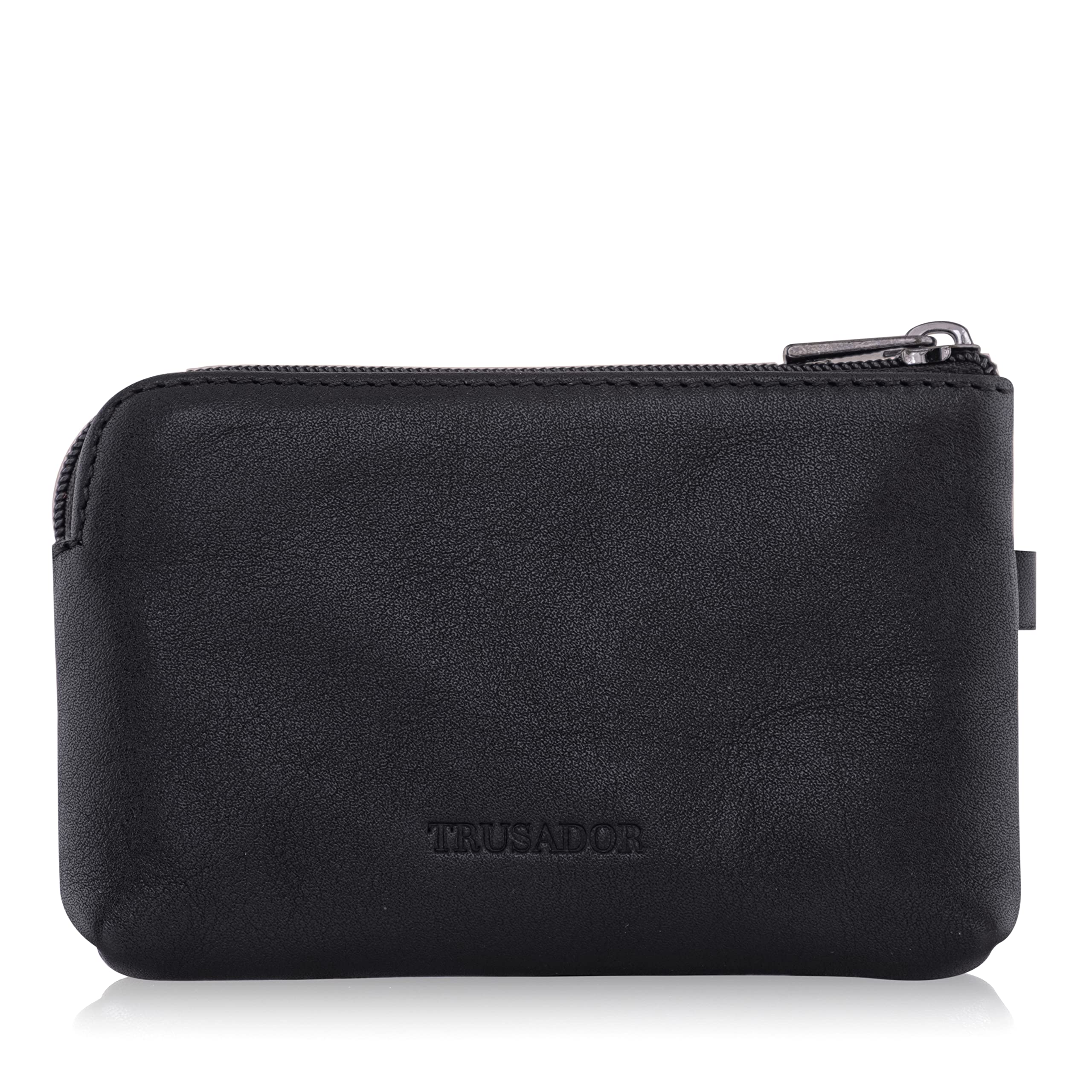 Trusador Milano Unisex Leather Front Pocket Wallet Coin Purse Zipper Pouch with Keychain (Black)