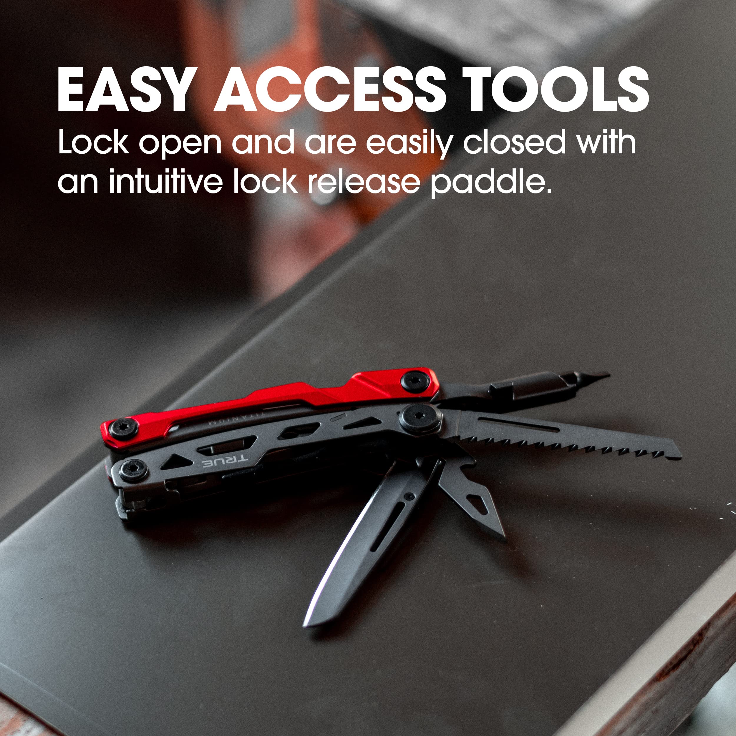 True Utility TI Locking Pocket Multi-Tool, 8-in-1 Tool kit, Titanium Nitride Frame, All-in-One EDC Asset for Camping, Hunting, Fishing, and Hiking, Silver/Red, One Size