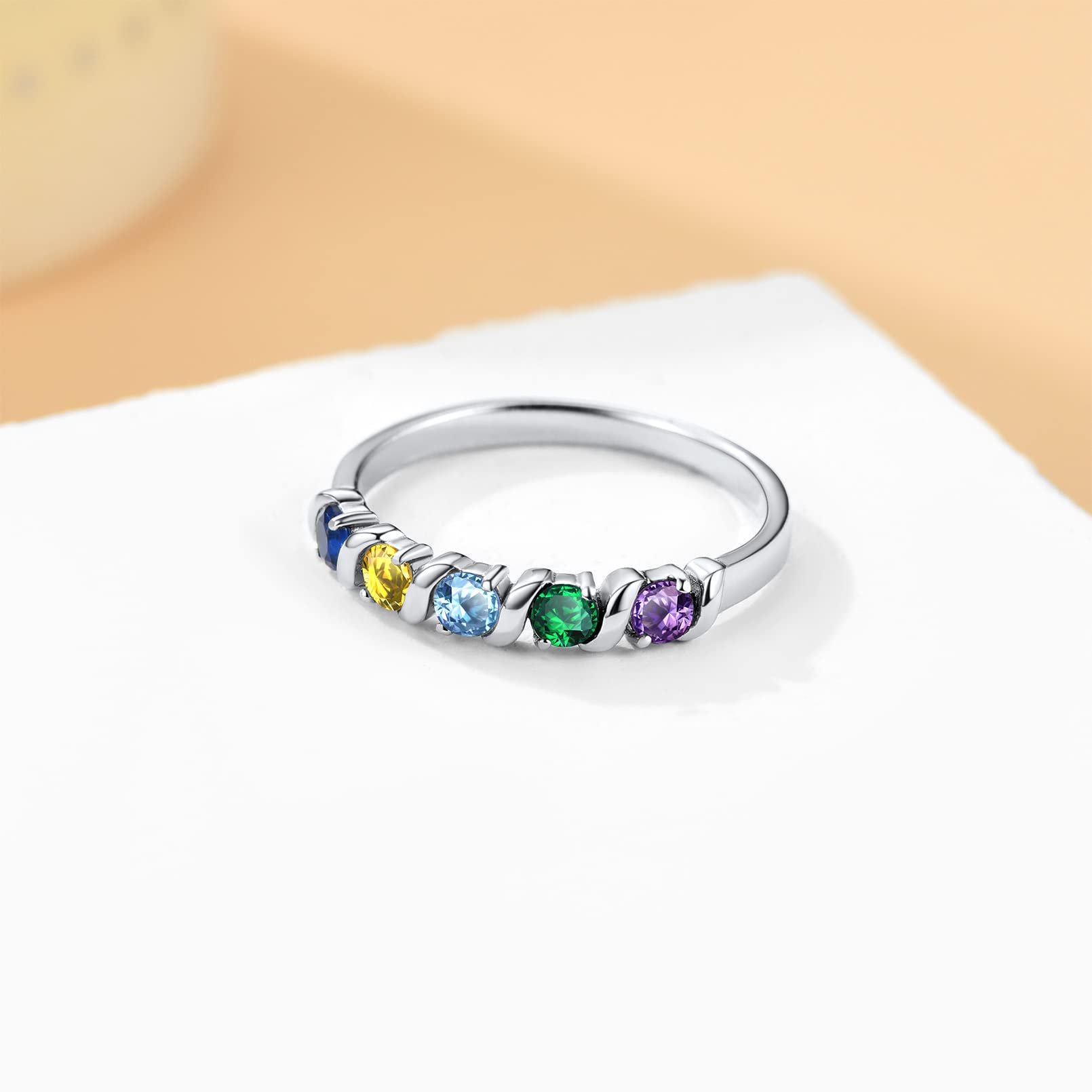 Custom4U Mother Name Rings with 5 Birthstones Customized Personalized Family Promise Sterling Silver Rings for Women Grandma