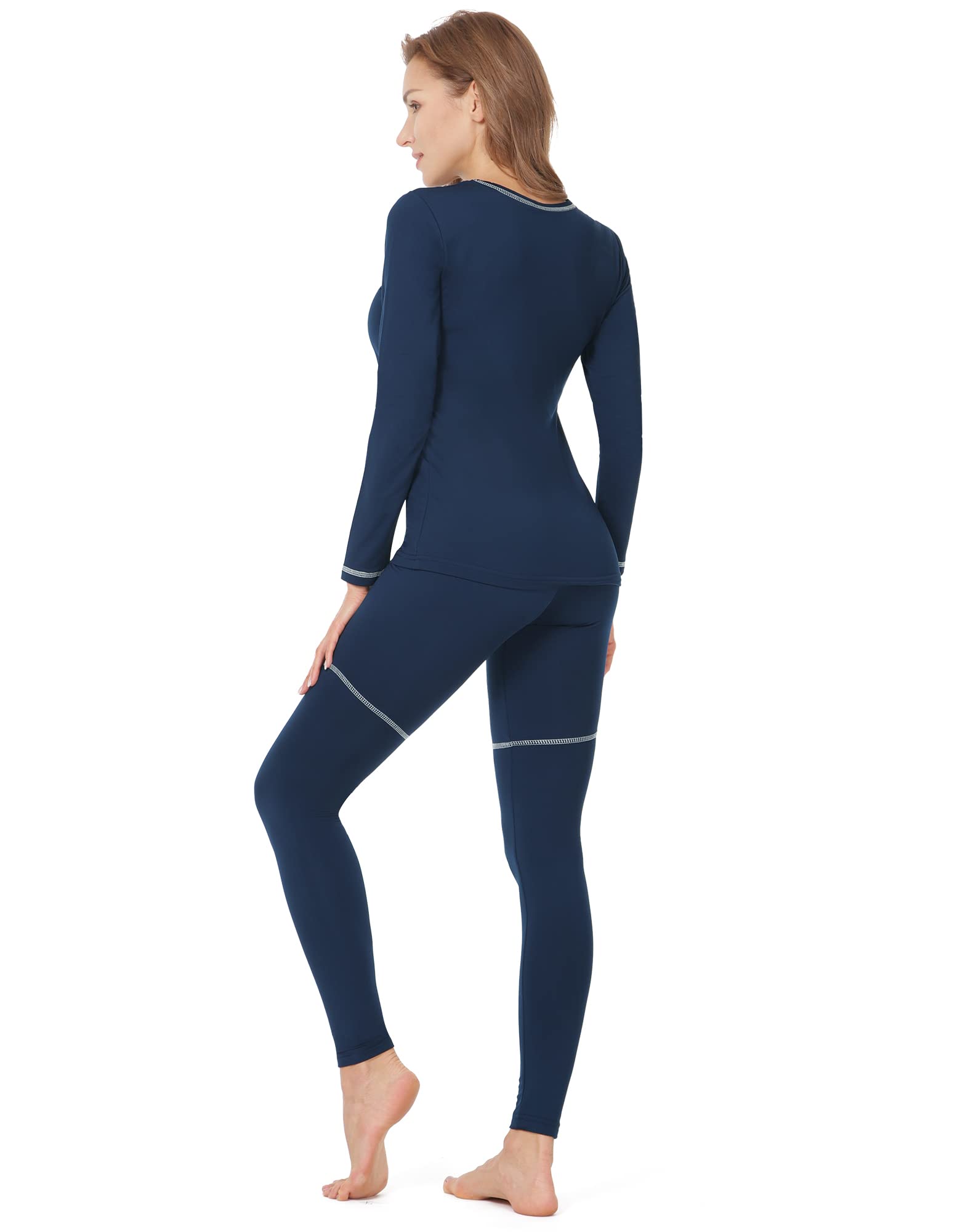 MANCYFIT Thermal Underwear for Women Fleece Lined Tops and Bottoms Base Layer for Cold Weather, Long Johns Sets Navy and White Lines X-Large