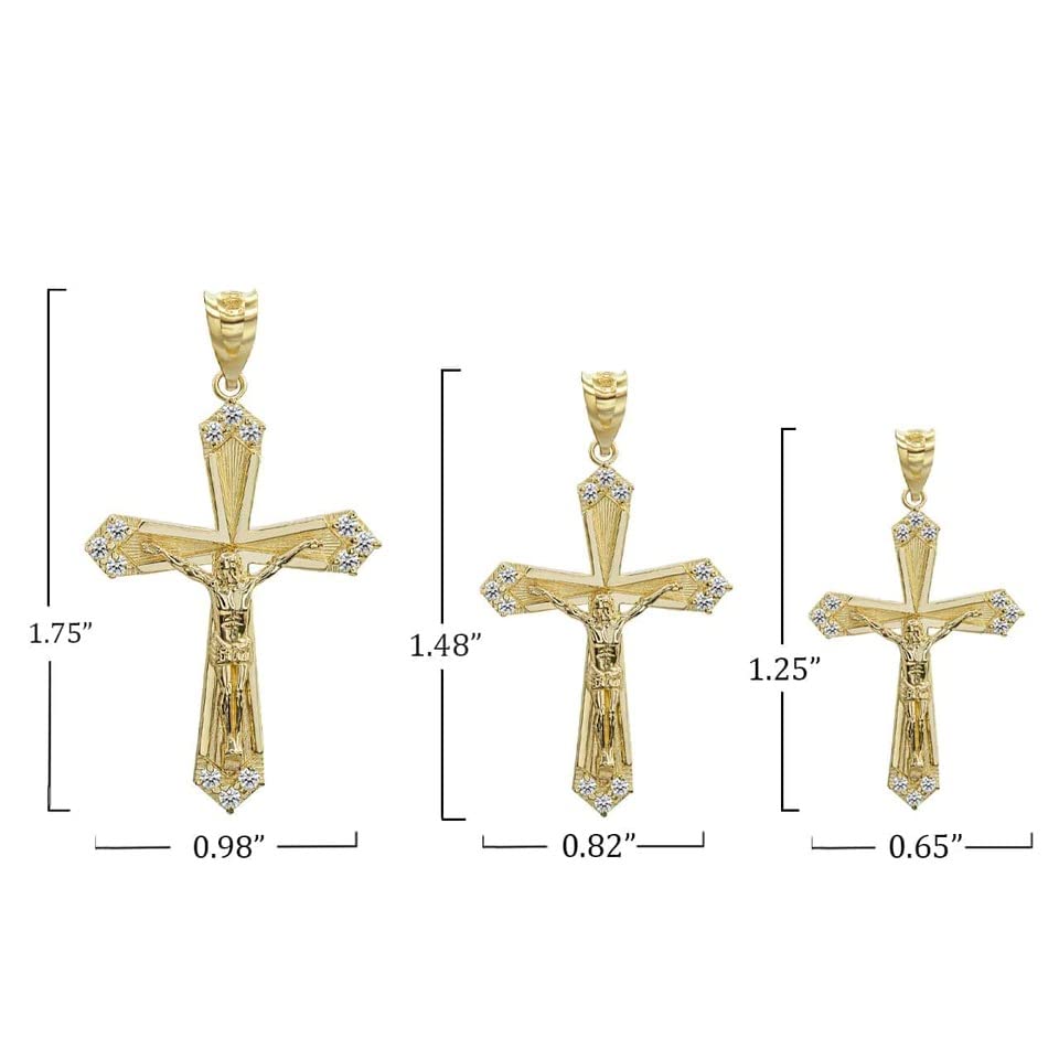 Exquisite 14K Yellow Gold 1.75" CZ-Studded Catholic Jesus Christ on Crucifix Cross Pendant