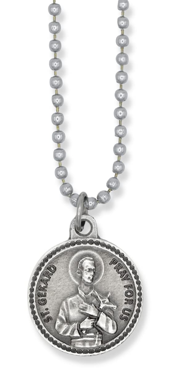 Saint Gerard Necklace Patron Saint of Fertility & Pregnancy Catholic Jewelry - Silver Oxidized Round 7/8" St Gerard Medal with 24" Adjustable Hypoallergenic Ball Chain - Made in Italy