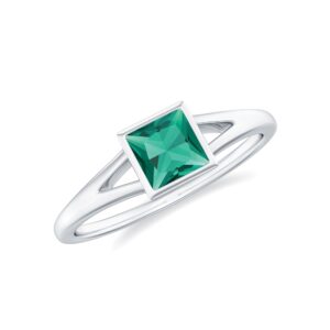 Rosec Jewels Certified Lab Grown Emerald Promise Ring, AAAA Quality, Emerald 5mm Princess Cut Ring - Gift For Her, 14K White Gold, Size:US 6.50