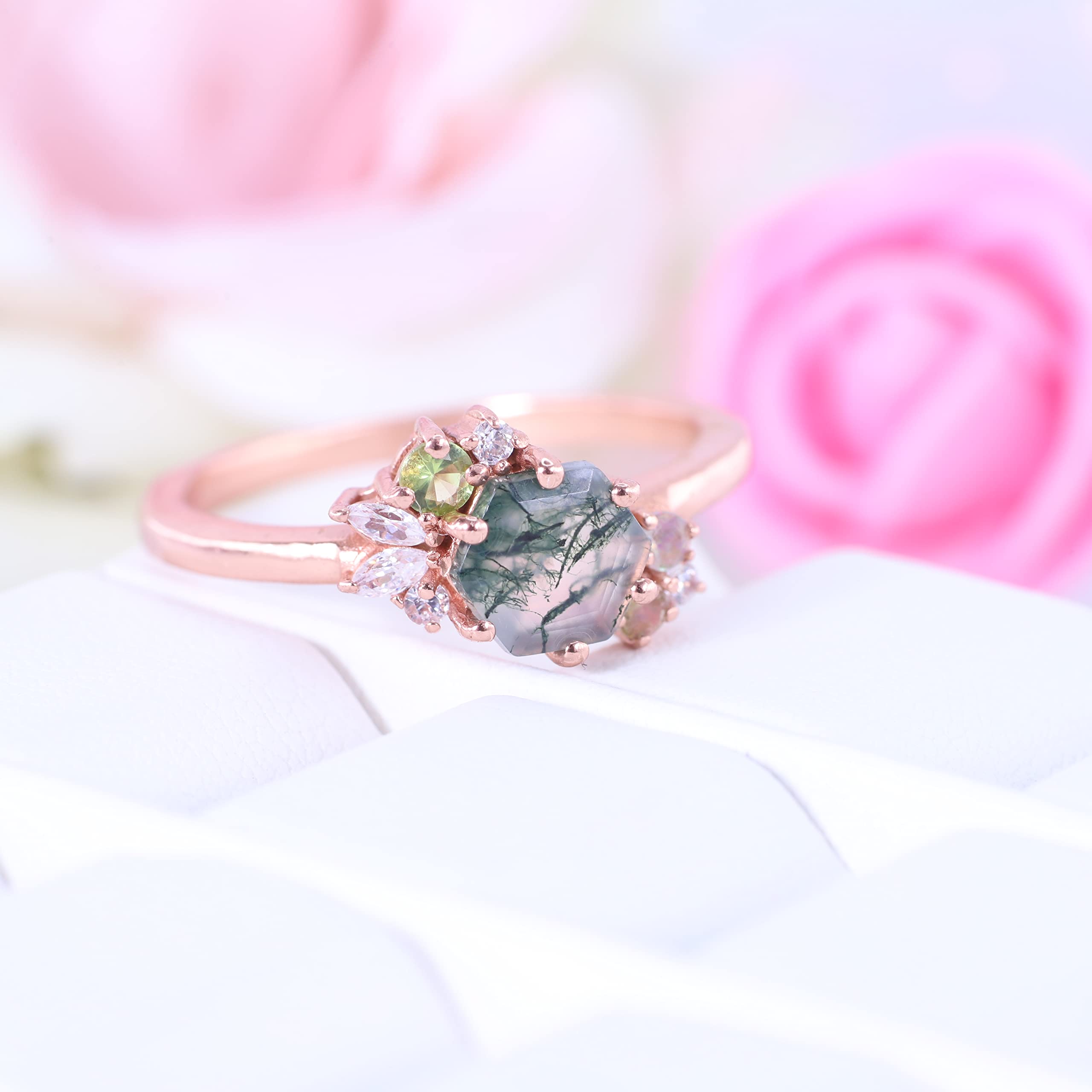 Moss Agate Peridot Opal And Diamond Cluster Ring Art Deco Engagement Ring Rose Gold Plated Gift For Wife BY KANISHKA GEMS JEWELS